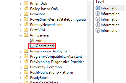 En el Visor de eventos, haga clic en PrintService, luego haga clic en Operational
