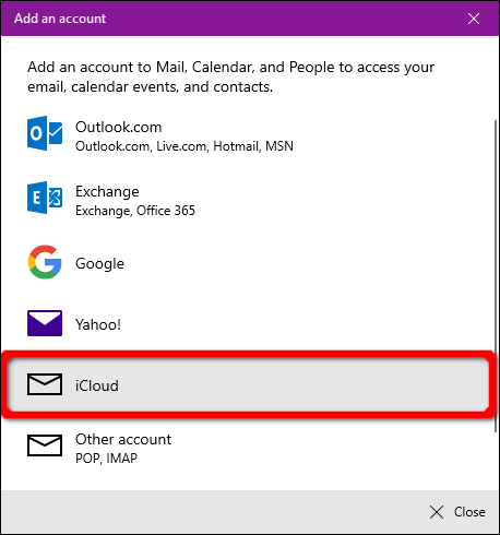 Cuenta de iCloud de la aplicación Windows Mail