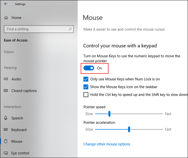 En la sección Mouse del menú de accesibilidad de Windows, haga clic en el control deslizante para habilitar MouseKeys