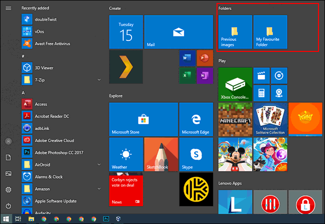 Un grupo de mosaicos anclado en el menú Inicio de Windows 10.
