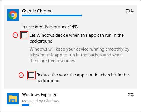 Desmarque las casillas "Dejar que Windows decida cuándo se puede ejecutar esta aplicación en segundo plano" y "Reducir el trabajo que puede realizar la aplicación cuando está en segundo plano".