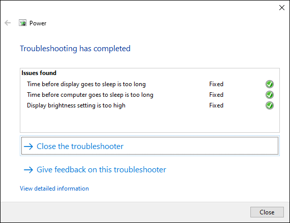 La herramienta de solución de problemas de Windows 10, que muestra los cambios completados en la configuración de energía.