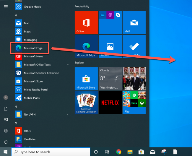 Arrastre y suelte la entrada del menú Inicio de Microsoft Edge en el escritorio para crear un nuevo acceso directo
