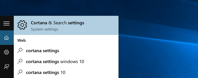Opción de configuración de Cortana y búsqueda en el menú Inicio de Windows 10