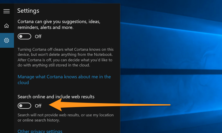 La opción para deshabilitar los resultados de la búsqueda web en la versión original de Windows 10