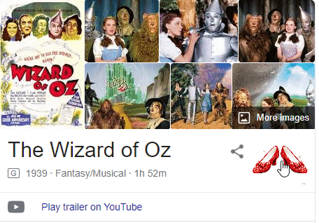 GIF animado de los resultados de búsqueda de "El Mago de Oz" girando en Google.