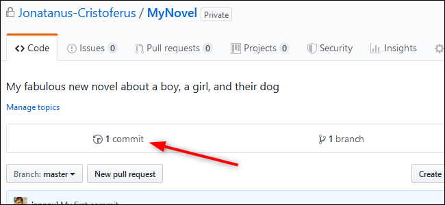 Una interfaz de repositorio de GitHub del historial de confirmaciones. 