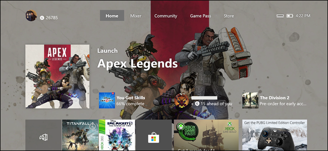 Pantalla de inicio de Xbox con la función Apex Legends