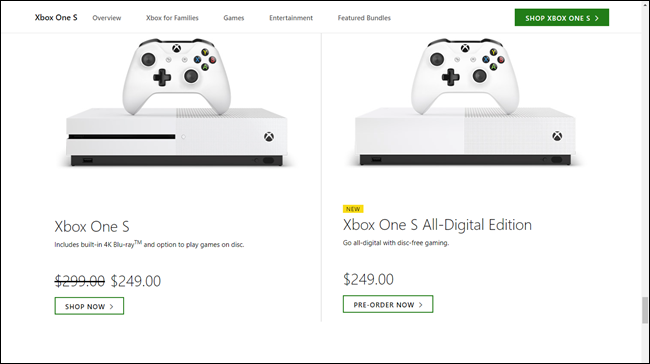 Precio de Xbox One S a $ 250 frente al precio totalmente digital de Xbox One S a $ 250