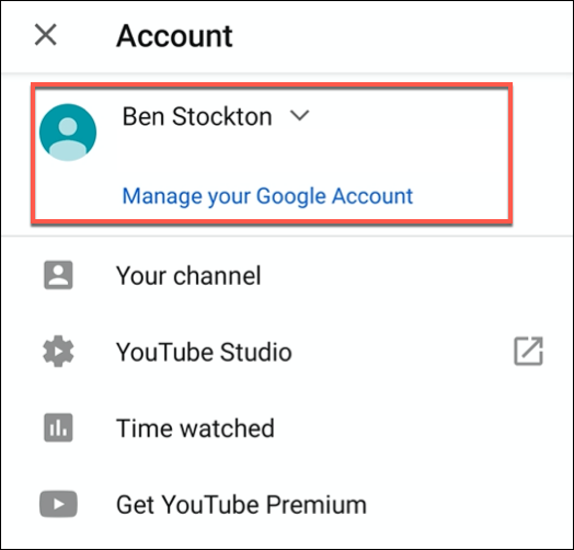 Cambiar de cuenta de YouTube en el menú Cuenta