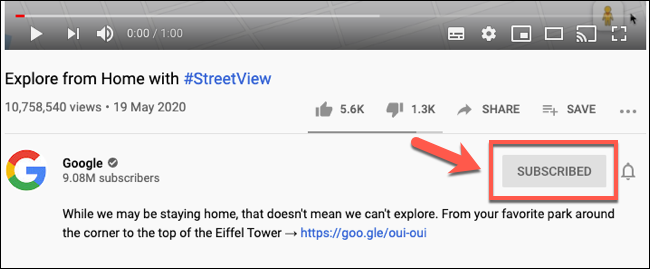 Haga clic en el botón Suscrito para cancelar la suscripción a un canal de Youtube en un video