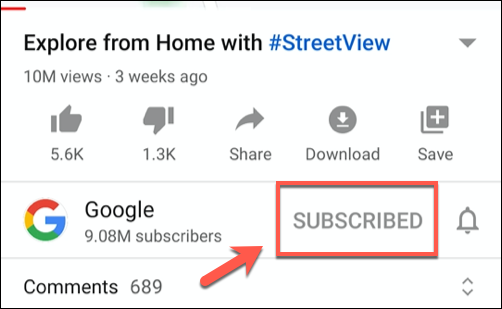 Toca Suscrito para cancelar la suscripción a un video en la aplicación de YouTube.