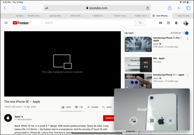 Reproducción de video de YouTube en modo Picture-in-Picture