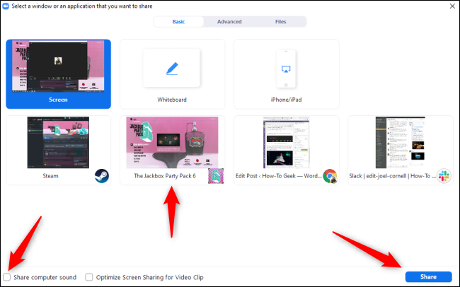 Haz clic en el juego Jackbox, haz clic en la casilla junto a la opción "Compartir sonido de la computadora" y luego haz clic en "Compartir".