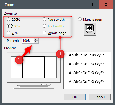 Opciones de zoom en el cuadro de diálogo de zoom