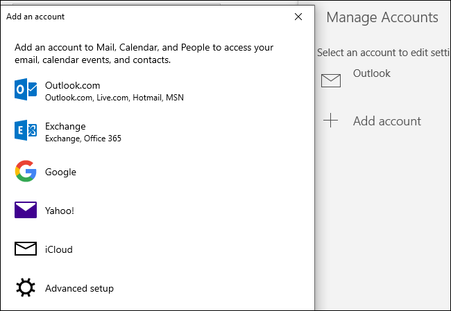 Agregar una cuenta de Outlook.com, Exchange, Google, Yahoo! O iCloud al calendario de Windows 10.