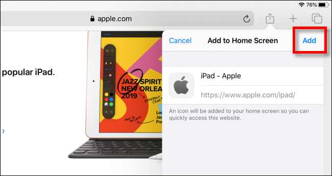 Toque Agregar para agregar el ícono a la pantalla de inicio en el iPad