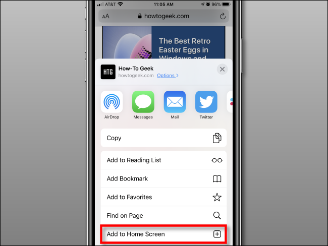 Toque Agregar a la pantalla de inicio en Safari en iPhone