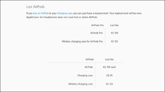 La página "Lost AirPods" en el sitio web de Apple. 