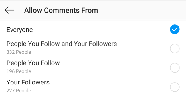 Visita la configuración de "permitir comentarios de" en la aplicación de Instagram