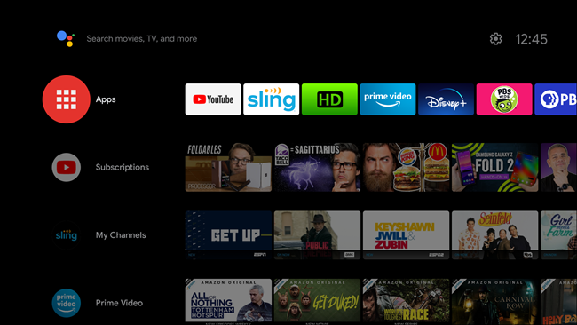 La pantalla de inicio en un televisor inteligente Android.