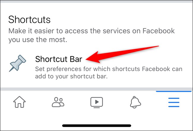 Aplicación de Facebook de Apple iPhone Seleccione la opción de barra de acceso directo