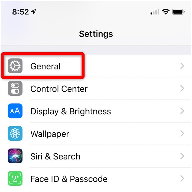 Menú de configuración de Apple iPhone