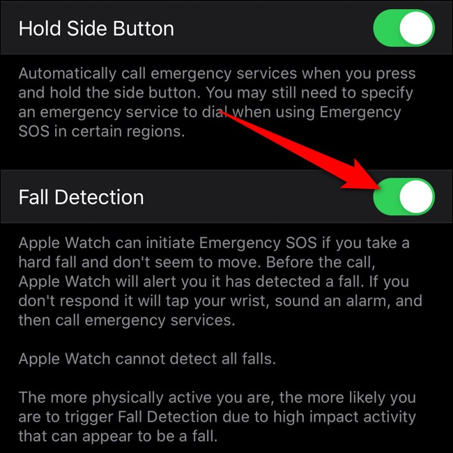 Aplicación Apple iPhone Watch Alternar detección de caídas