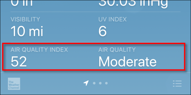 Comprobación del índice de calidad del aire (AQI) en un iPhone con Apple Weather.