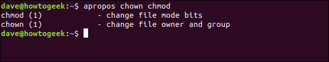 Apropos resultados para chmod y chown en una ventana de terminal.