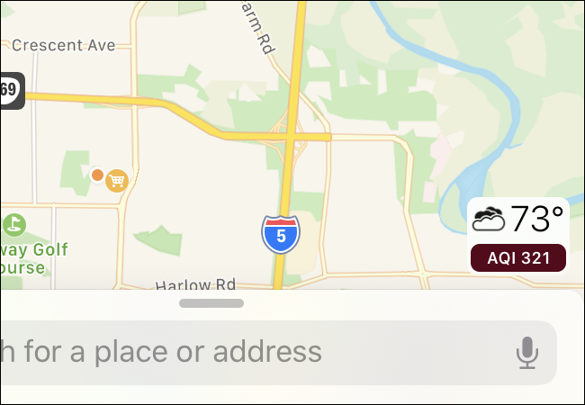 Números de calidad del aire que se muestran en Apple Maps en un iPhone.