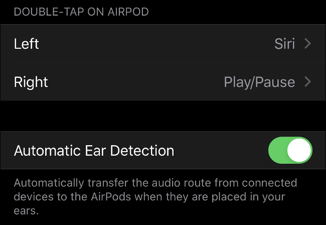 La opción "Detección automática de oído" en iOS.