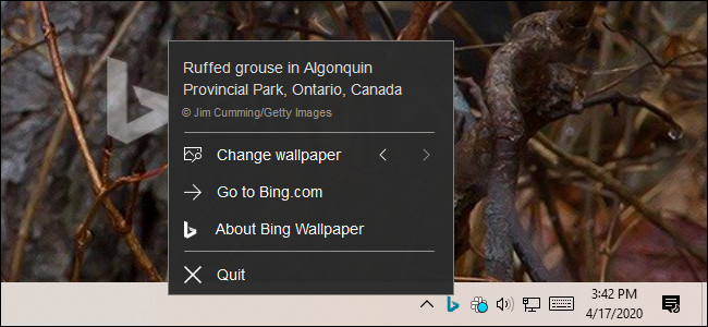 Controlar la aplicación Bing Wallpaper desde su icono de área de notificación.