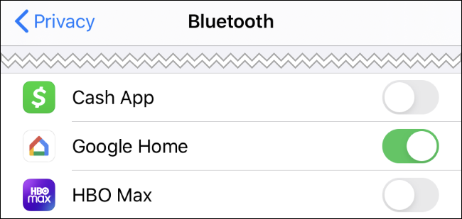 Permisos de la aplicación Bluetooth en un iPhone.