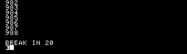 Un comando "Break" en el programa de conteo en Apple II.