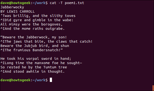 contenido de poema1.txt con pestañas que se muestran en una ventana de terminal
