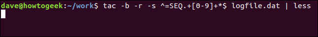 tac -b -r -s ^ = SEC. + [0-9] + * $ logfile.dat |  menos en una ventana de terminal