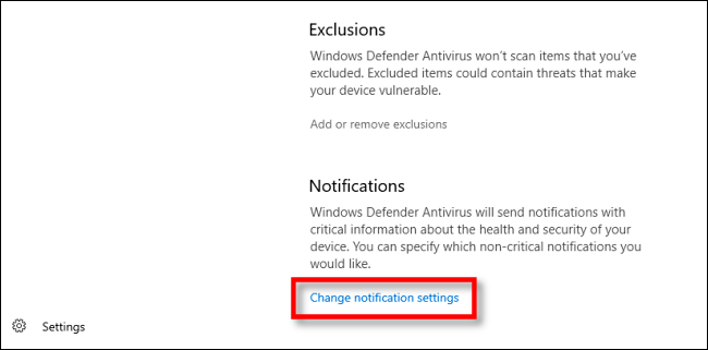 Haga clic en Cambiar la configuración de notificaciones en Seguridad de Windows en Windows 10