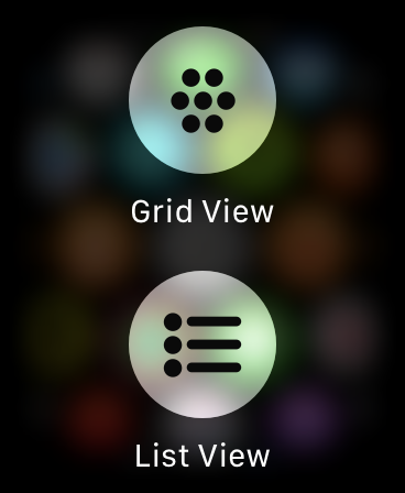 Las opciones de diseño "Vista de cuadrícula" y "Vista de lista" en el Apple Watch.