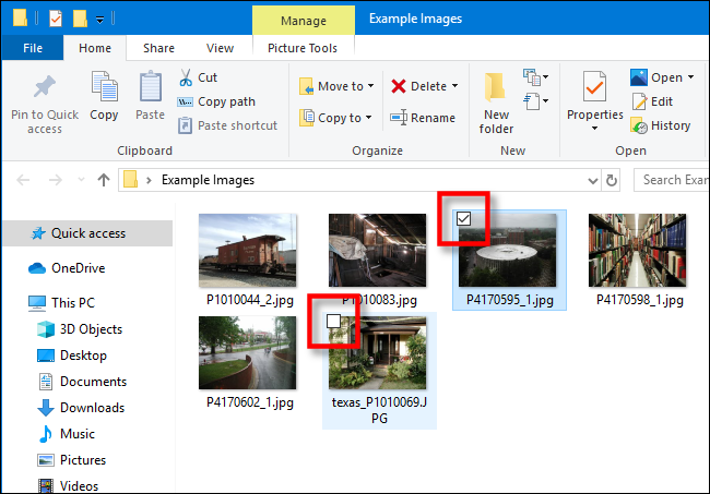 Ejemplo de casillas de verificación en el Explorador de archivos de Windows 10