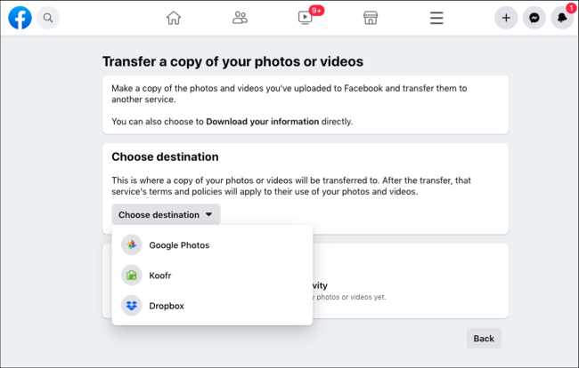 Elija el destino para la transferencia de fotos y videos de Facebook