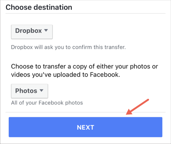 Elija el destino de la transferencia de fotos y videos en la aplicación de Facebook