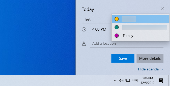 Elegir un calendario de Google para un evento en la ventana emergente del reloj de Windows 10.