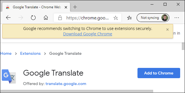 La advertencia de Chrome Web Store sobre Edge