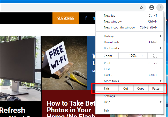 Copiar, cortar y pegar en el menú de Chrome