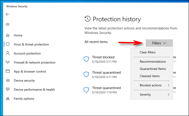 Haga clic en filtros en el historial de protección en Windows 10