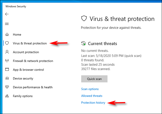 Haga clic en Historial de protección en Seguridad de Windows en Windows 10
