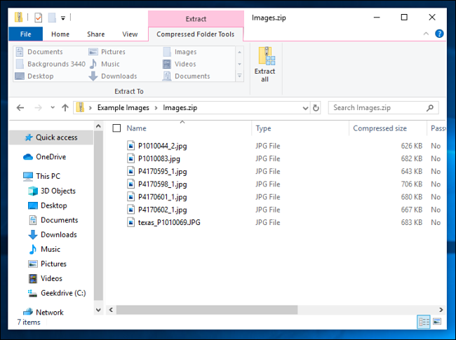 Una lista de archivos comprimidos en Windows 10.