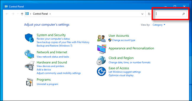 Busque la barra de búsqueda del Panel de control de Windows 10.