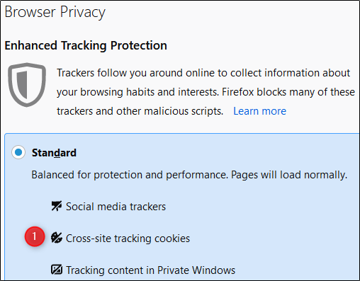 El menú "Privacidad del navegador" en Firefox.